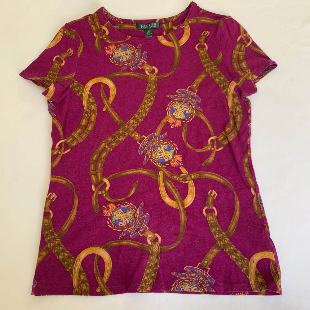 Lauren Ralph Lauren T-Shirt Women M‎ Purple Equestrian Belt Crest Preppy Tee